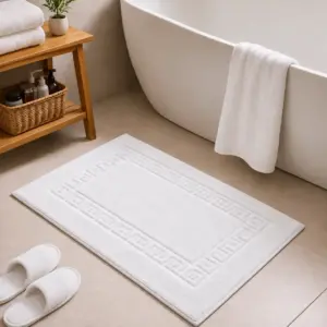 Greek Key Pattern White Bath Mat 700 GSM