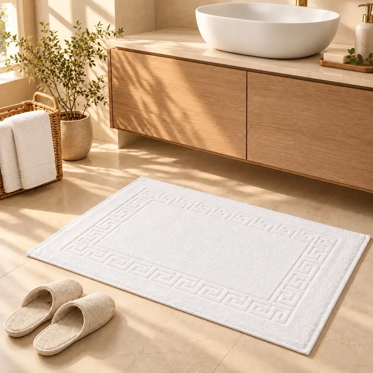 Greek Pattern White Bath Mat 700 GSM