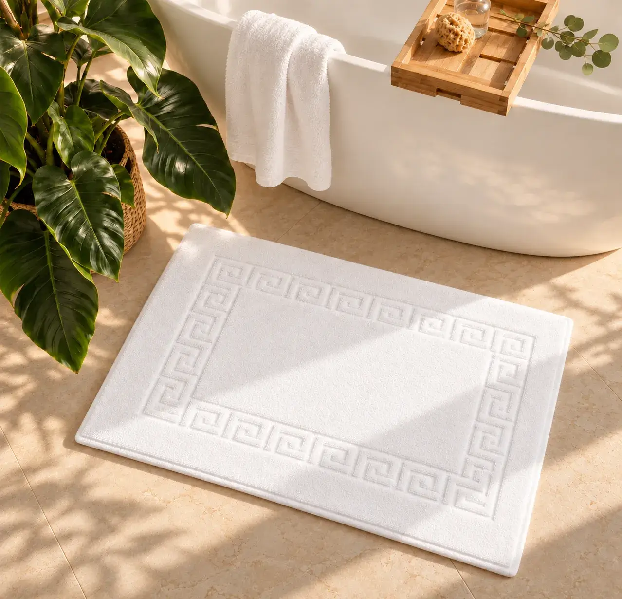 Greek Key Pattern White Bath Mat