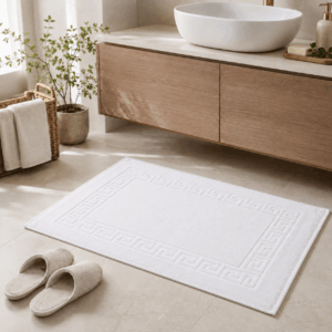 Greek Key Pattern White Bath Mat