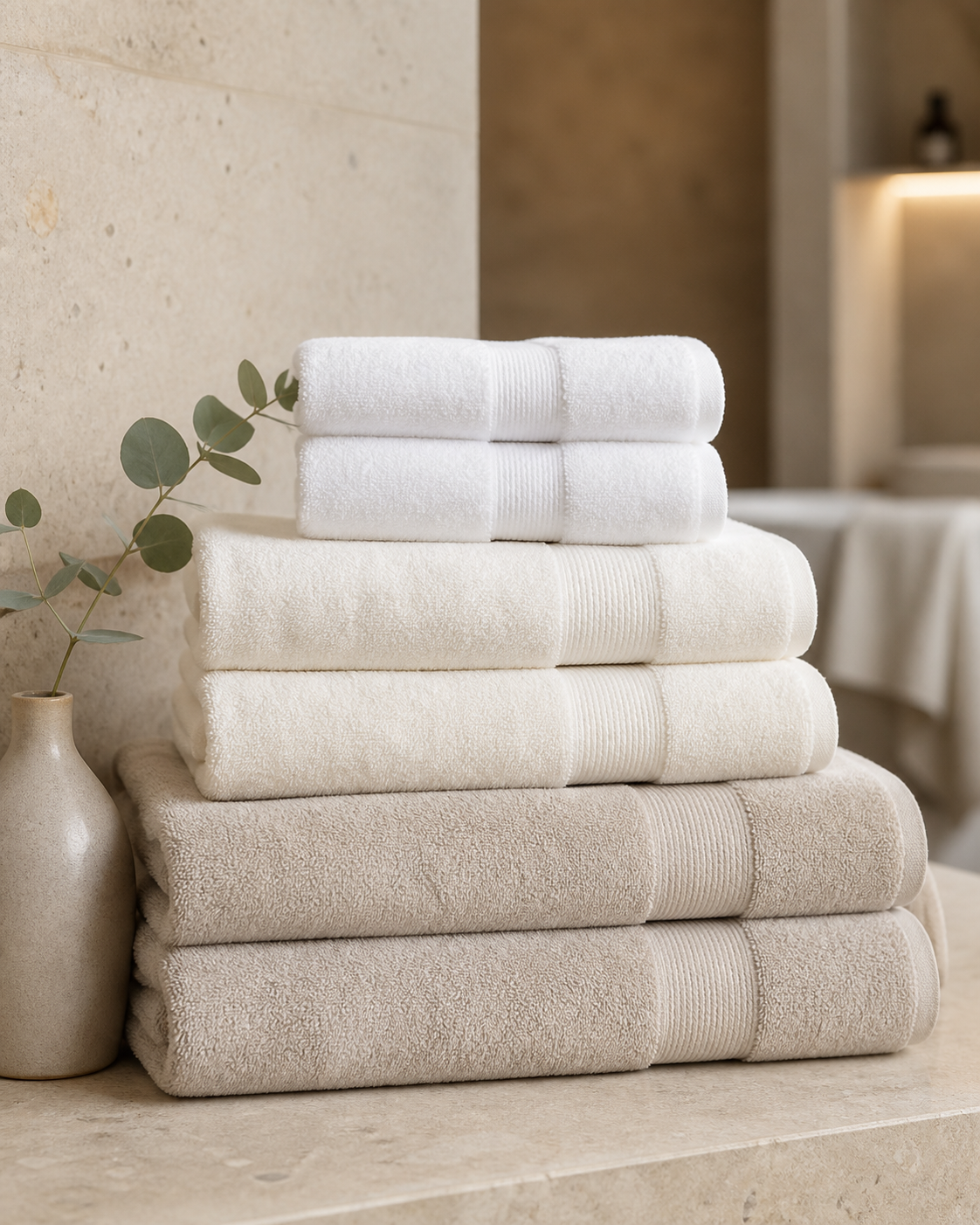 Stack of plush neutral bath towels in a stone interior