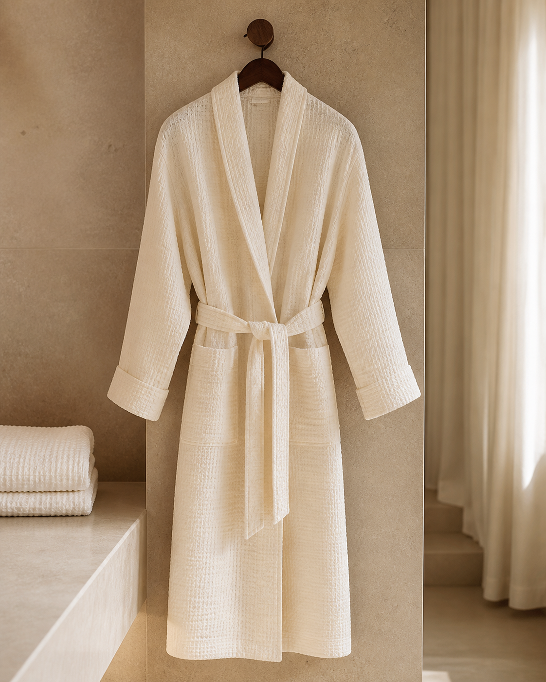 Ivory waffle bathrobe in a warm stone bathroom