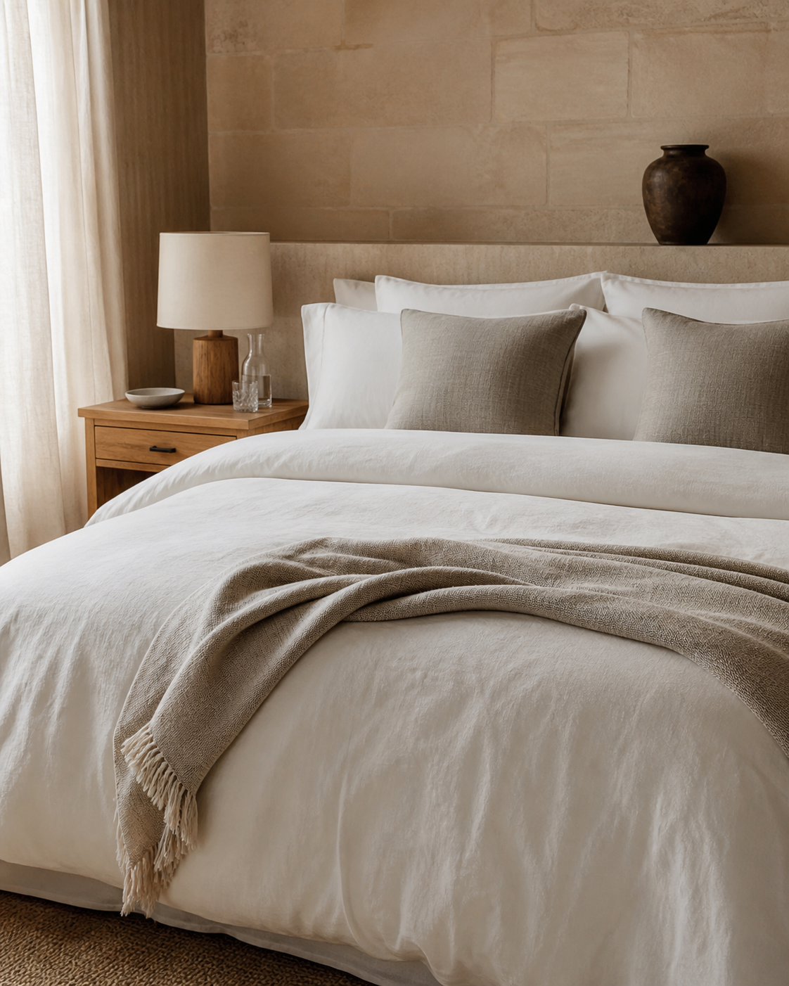 Warm neutral bed dressed in premium white linens