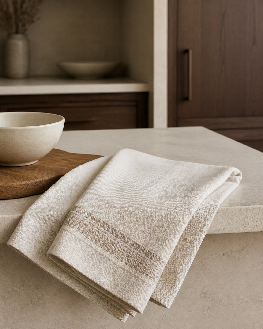 Neutral woven kitchen linens on a stone worktop