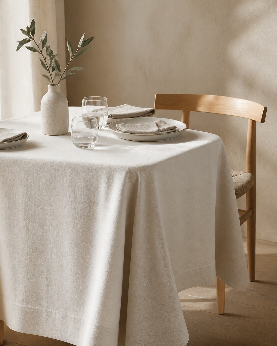 Warm white table linen in a refined dining setting