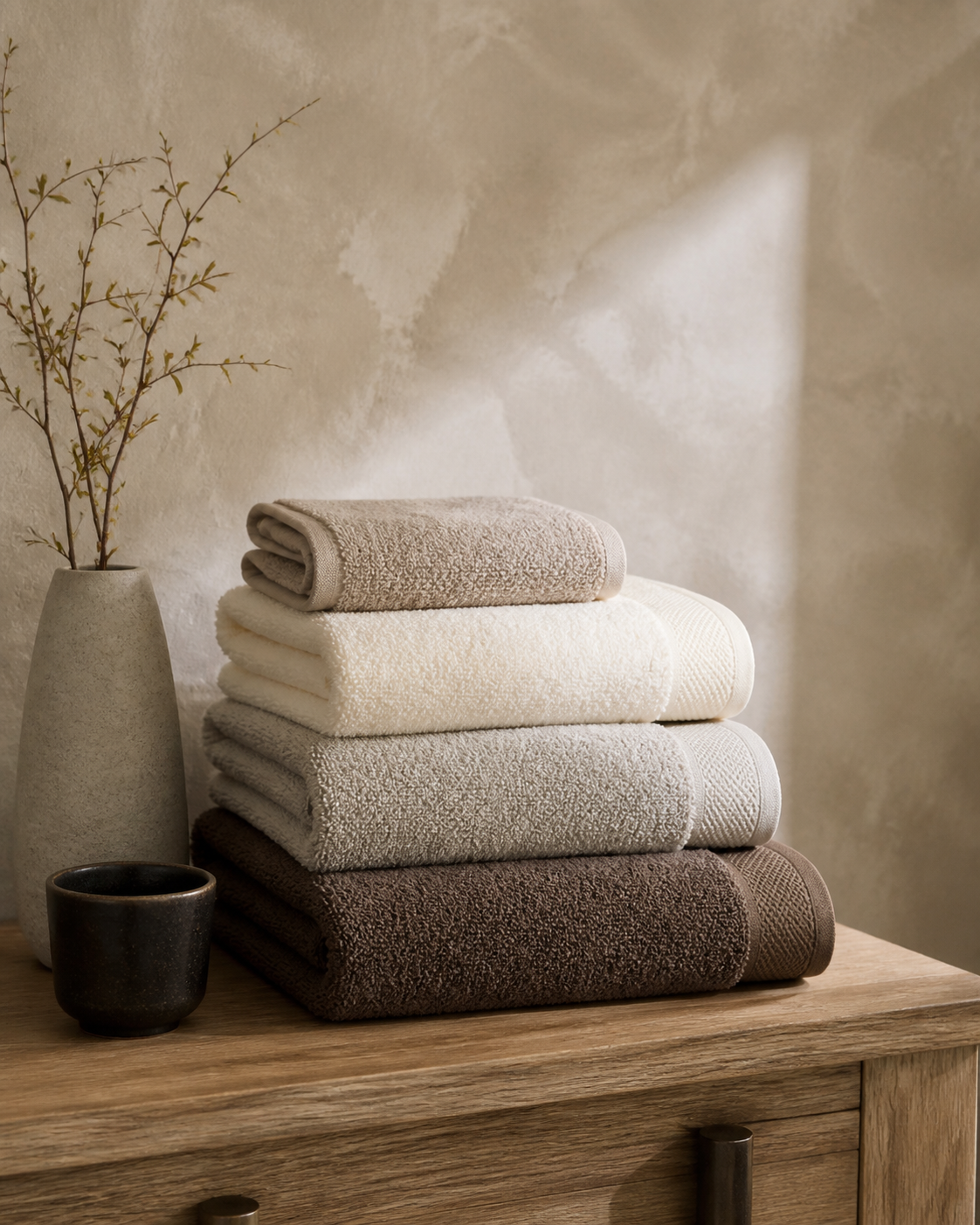 Folded neutral towels on a warm oak console