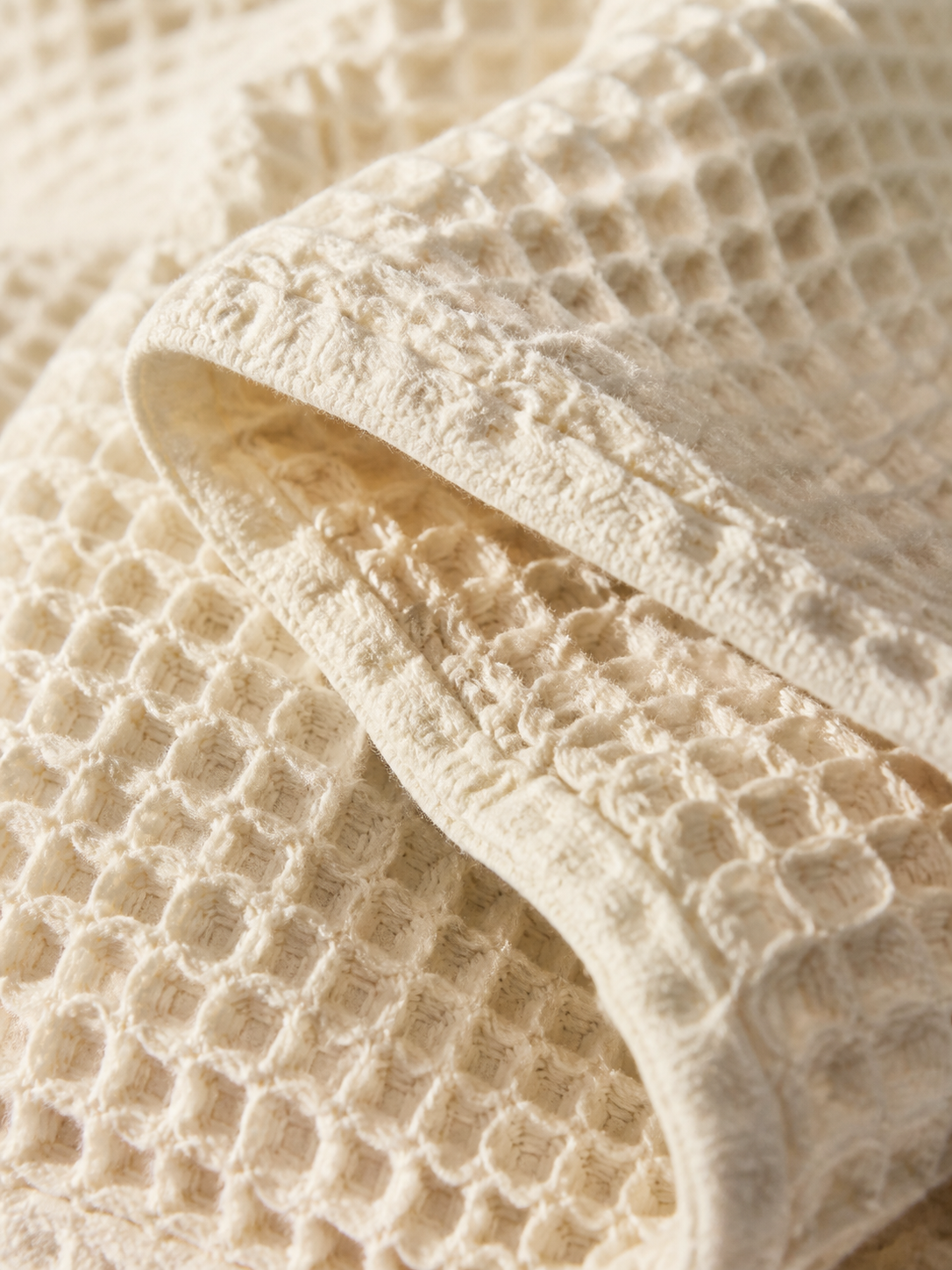 Close view of tactile ivory waffle weave cotton